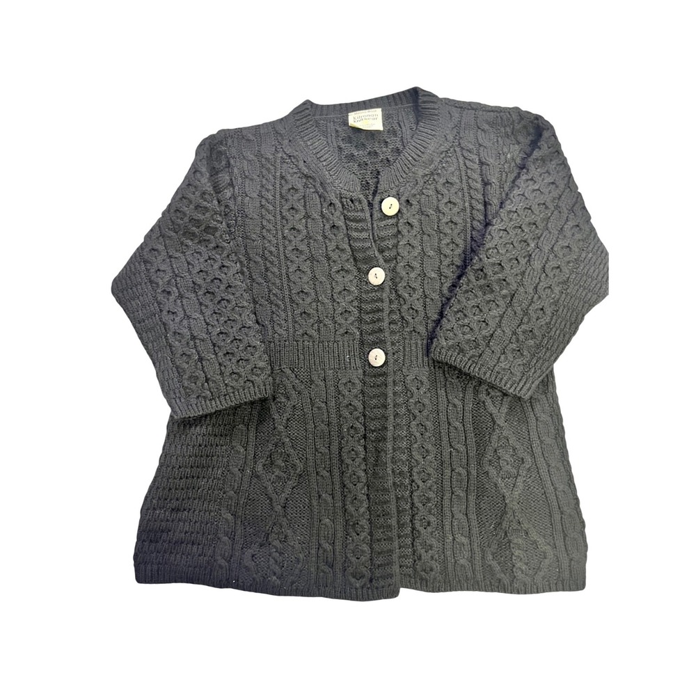 Kilronan Knitwear Merino Wool Cardigan‎ Sweater Black Cable Knit L Made Ireland